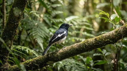 Sleek Black and White Magpie Robin Perched on a Mossy Branch in a Lush Forest