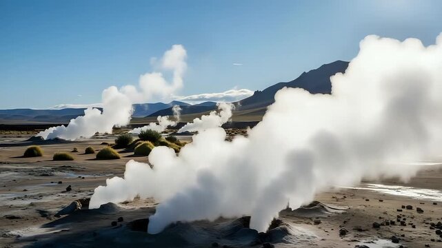 Steamy geothermal landscape with mountains under clear blue sky