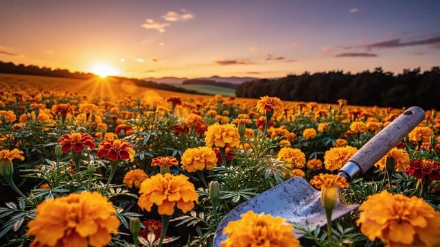 Marigold field bathed in golden sunlight with a gardening trowel during the peaceful sunset hour