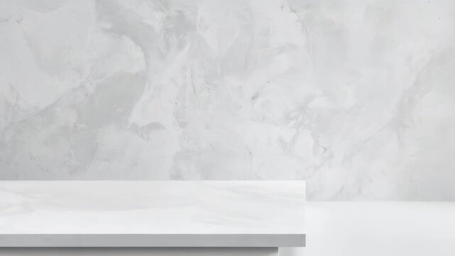 Minimalist white marble display surface against a textured gray concrete wall
