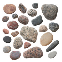 A set of twenty-four different pebble, isolated on a white background.