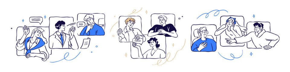 Naklejka na ściany i meble Online communication concept set. People on screens during group video call, team meeting. Remote virtual digital chat, discussion, conversation. Flat vector illustrations isolated on white background