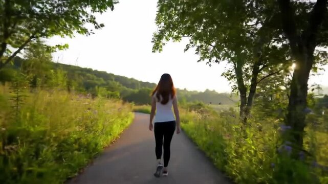 A person walks along a path bordered by trees and grass, heading toward the bright, warm sunlight visible at the end