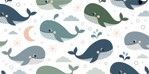 Cute Whale Character Vector Set  Kawaii Ocean Animals & Playful Poses © Creative Rayhan