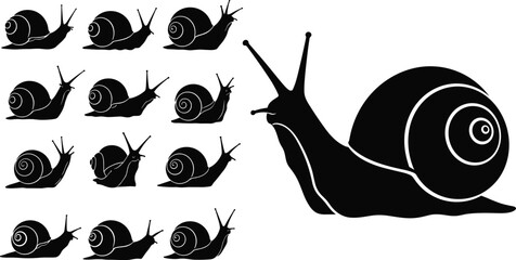 Large collection of black snail silhouettes featuring various garden gastropod designs with spiral shells and long tentacles isolated on white background for nature design. © MdMeherul