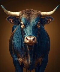 A bull with blue horns stands in front of a brown background