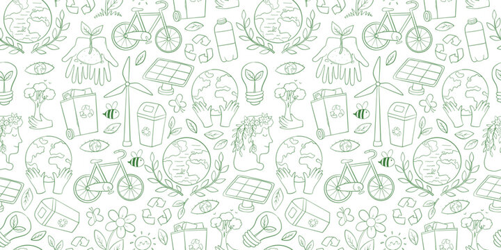 Environment day, zero waste doodles seamless pattern for wallpapers, packaging, backgrounds, wrapping paper, textiles, etc. EPS 10