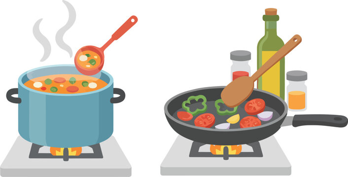 Cooking pans and pots on gas burners, cooking on gas stove set, kitchen food preparing, boiling water, soup and porridge, kitchen utensils and food preparation vector illustration