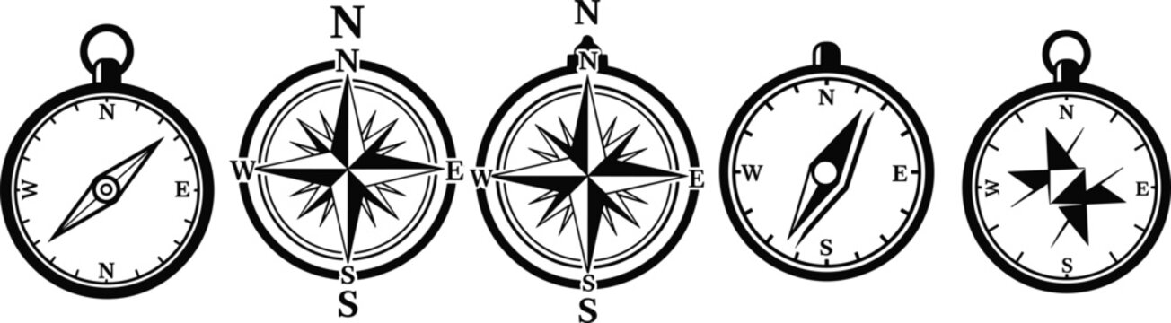 Black and white compass designs set featuring traditional needle pointers and stylized compass roses with cardinal and intermediate directional points