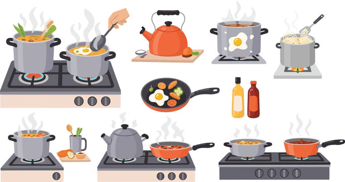 Cooking pans and pots on gas burners, cooking on gas stove set, kitchen food preparing, boiling water, soup and porridge, kitchen utensils and food preparation vector illustration