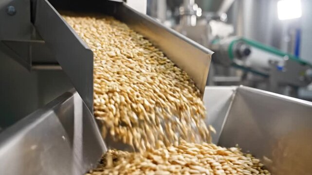 Industrial process of golden grains pouring from a metal chute into a large container