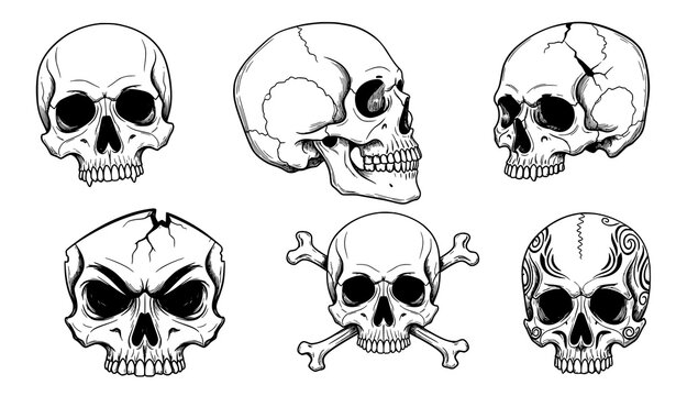Hand drawn human skull sketch set black outline vector illustration