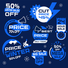 Fototapeta premium Vector illustration of winter sale badge design. Dark blue color background. Seasonal discount promotion with snowflake elements. Perfect for retail marketing banners.