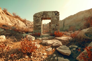 A desolate landscape with a large stone archway in the middle