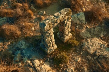 A stone archway is shown in a desert landscape
