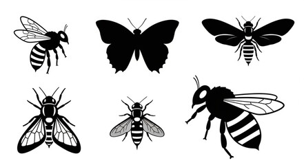Collection of six black insect silhouettes including bees and butterflies. © Mungin