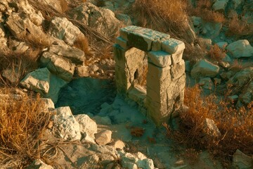 A small stone archway is in the middle of a rocky field