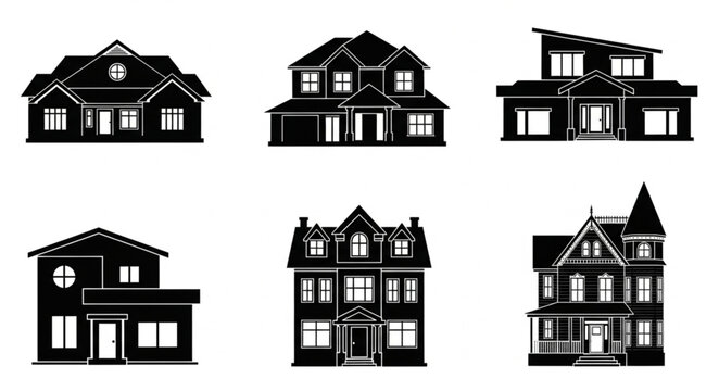 Collection of Six Black House Silhouettes on White Background.