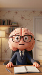 Cute anthropomorphic brain character in suit at desk with notebook, front view