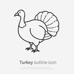 Fototapeta premium Minimal line art icon of a turkey bird vector illustration in clean outline style. Black and white full-body farm poultry for Thanksgiving standing in side view, isolated on white background.