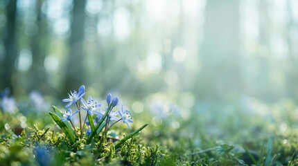 Blue spring flowers growing in forest moss with bokeh and sunlight. Panoramic nature banner with copy space.