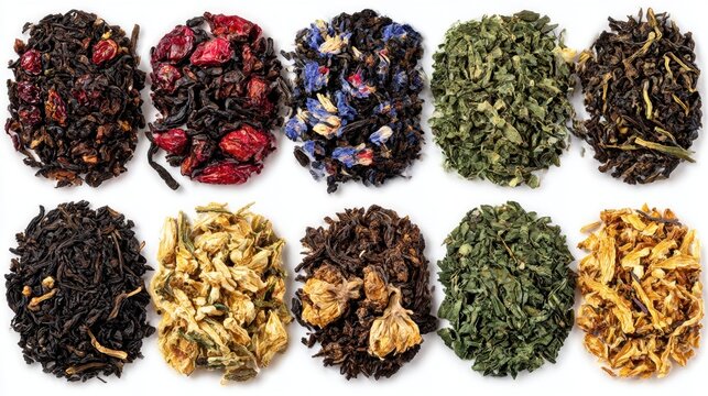 Ten distinct circular piles of loose-leaf tea blends in various colors and textures arranged on a pristine white background for culinary and beverage presentations