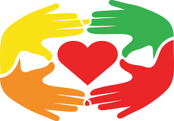 Obraz premium Diverse multicultural hands forming a circular frame around a red heart symbol representing community support unity love charity volunteer work and global social inclusion.