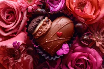 A heart-shaped chocolate dessert is surrounded by pink flowers