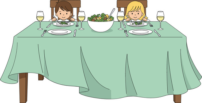 Cute vector illustration of a young boy and girl sitting at a formally set dinner table with a green tablecloth, salad, and sparkling juice.