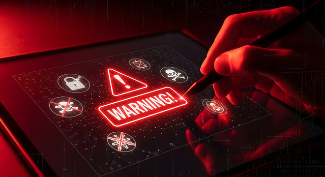 Cyber security warning alert sign glowing red on keyboard