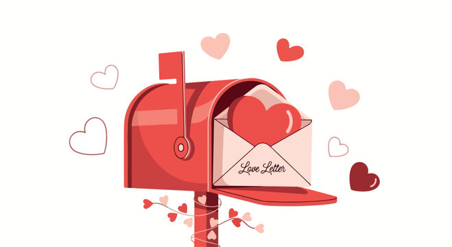 Flat lay illustration of a red mailbox with an envelope and heart emerging, surrounded by floating hearts in various shades of pink and red on a white background.