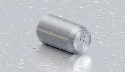 Aluminum silver soda can covered in condensation, resting on a surface with scattered water drops