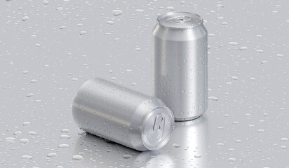 Aluminum silver soda can covered in condensation, resting on a surface with scattered water drops