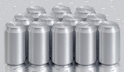 Aluminum silver soda can covered in condensation, resting on a surface with scattered water drops