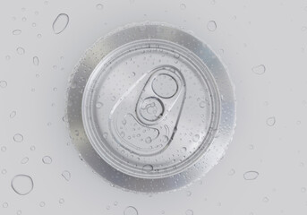 Top view. Aluminum silver soda can covered in condensation, resting on a surface with scattered water drops