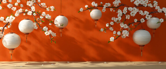 Orange walls hang lanterns