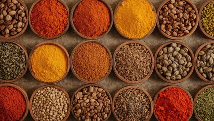 An overhead view showcasing various colorful spices and seeds arranged in small wooden bowls high quality