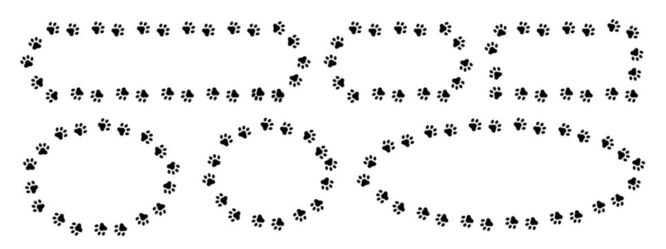 Set of pet pawprint frames in various shapes: rectangular, circular, and oval 