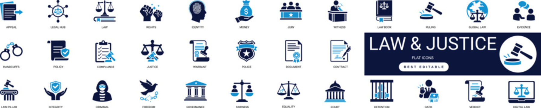 Law and Justice Solid Icon Set Legal, Attorney, Court, Gavel, Scale, Legislation, Compliance, Rights, Decree, Judiciary Professional Vector Set Editable