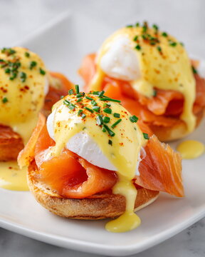eggs benedict with smoked salmon isolated on white background commercial brunch photography