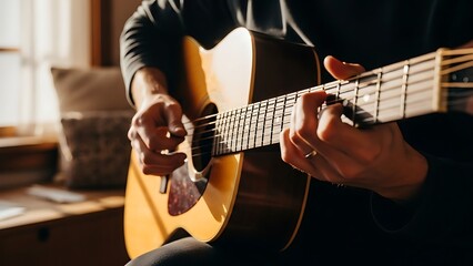 Obraz premium Person playing an acoustic guitar in a cozy living room with natural light
