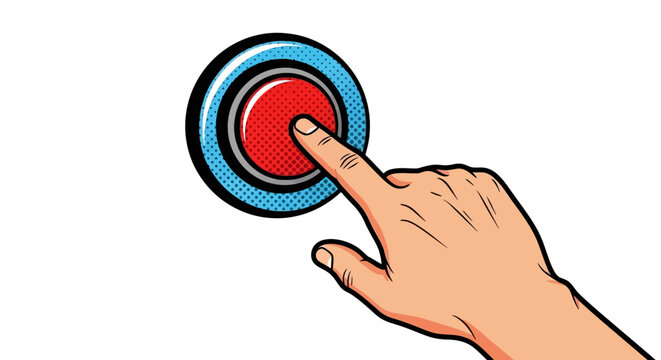 Cartoon hand pressing a red button on a blue and white background