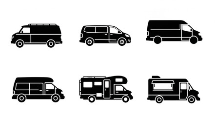 Collection of six black van and camper van silhouettes.