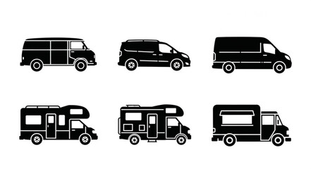 Fototapeta premium Collection of six black vehicle silhouettes on white background.