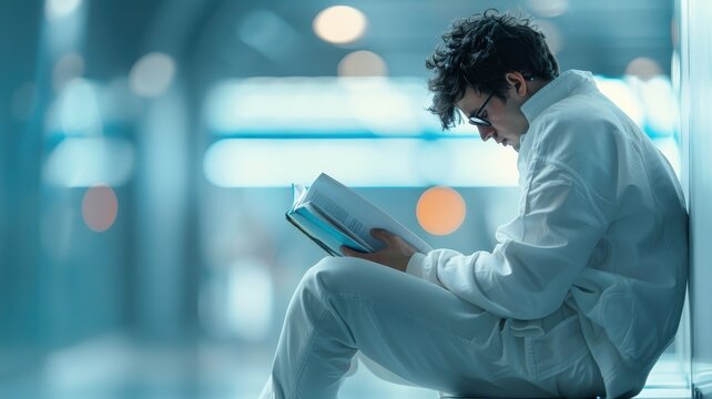 A person sits on a toilet, engrossed in a book.