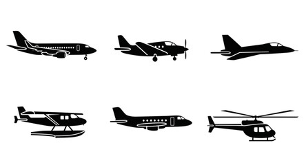 Collection of six different aircraft silhouettes including airplanes and helicopter. © Mahin