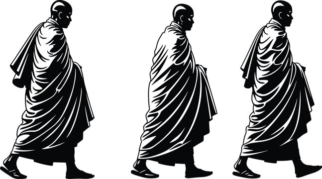 Vector illustration of walking monk silhouettes in traditional robe attire, spiritual meditation journey concept, cultural heritage design for religion and art.