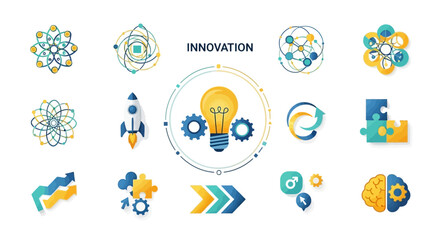 Innovative concepts illustrated through various icons and graphics representing technology and creativity © Donjuan Studio