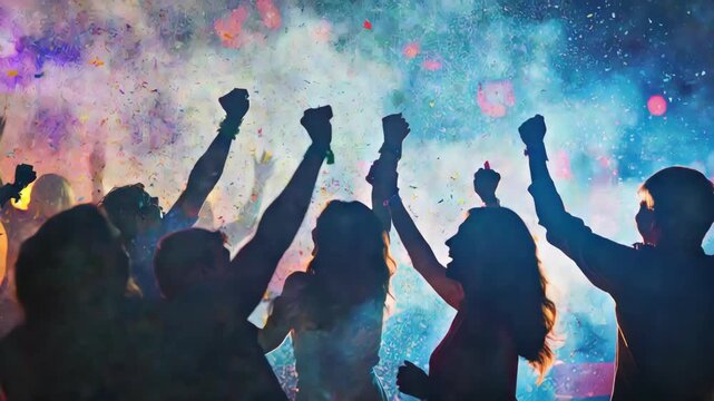 A group of people celebrating with raised fists and confetti.