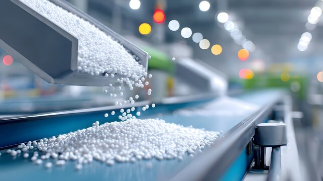 Automated production line showcasing white plastic pellets or granules pouring from a chute onto a blue conveyor belt in a bright high tech manufacturing facility
